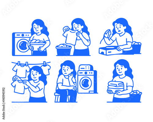 laundry washing clothes doodle cartoon drawing vector illustration set with Varied Poses and Expressions

