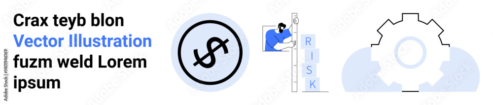 Dollar icon, person stabilizing risk letters, gear symbolizing strategy. Ideal for finance, economics, management, business solutions, innovation, planning simple landing page Dollar icon, person stabilizing risk letters, gear symbolizing strategy. Ideal for finance, economics, management, business solutions, innovation, planning simple landing page
