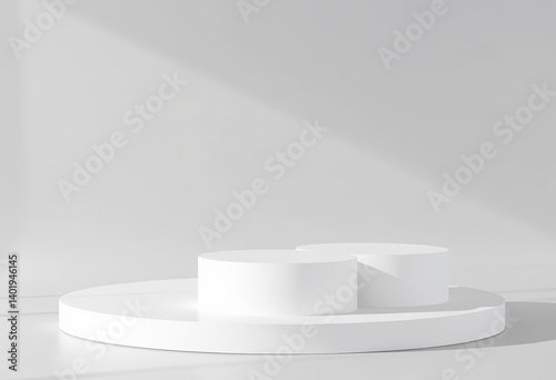 Two minimalist white cylindrical podiums on gray background, simple, blank