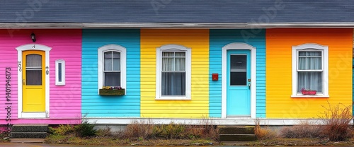 Row of colorful houses with yellow, pink, blue and orange walls, doors, and window boxes under a gray roof
