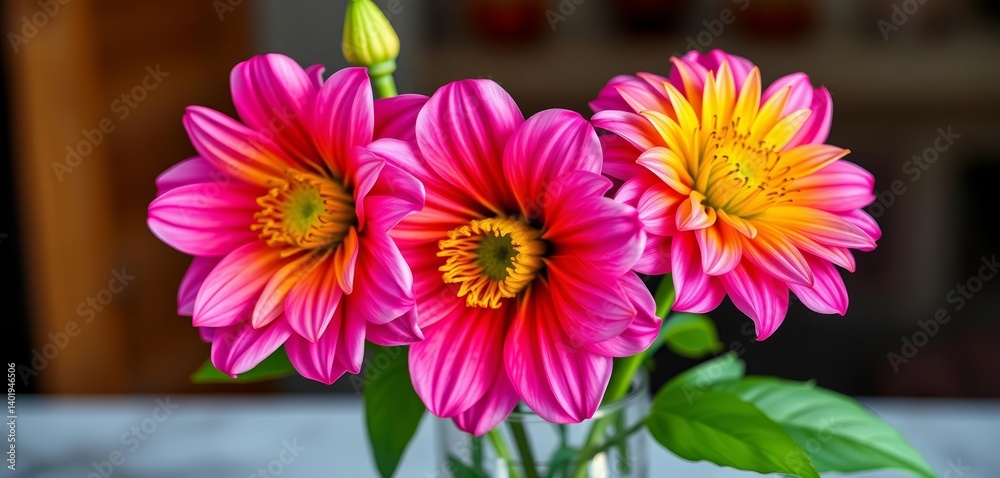 Obraz premium Two vibrant blooms in elegant vase, close-up view, petals, pastel