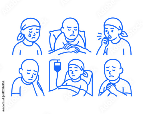 cancer sick doodle cartoon drawing vector illustration set with Varied Poses and Expressions
