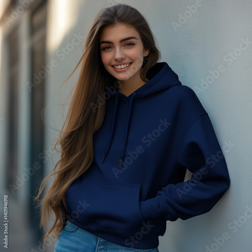 Close-up portrait of a young woman with long brown hair, smiling confidently. She is wearing a navy blue hoodie and is standing against a light-colored wall. The image is well-lit, with natural light
