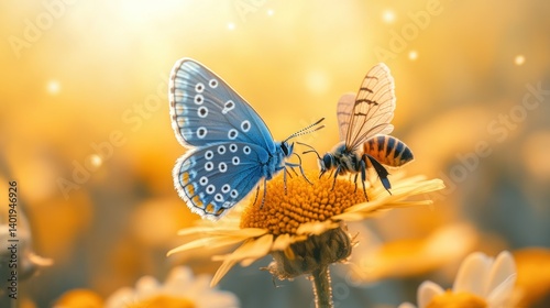Two butterflies and a bee on a flower