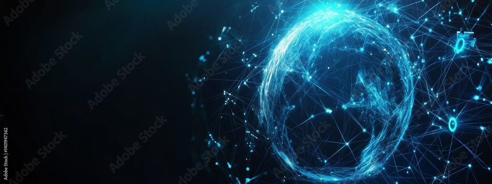 Abstract Global Connectivity Concept with Glowing Blue Data Links Around Earth and Copy Space for Technology Banner Design Abstract Global Connectivity Concept with Glowing Blue Data Links Around Earth and Copy Space for Technology Banner Design