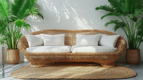 Cozy wicker sofa with white pillows, plants, and a rug in a sunlit room. Serene, inviting