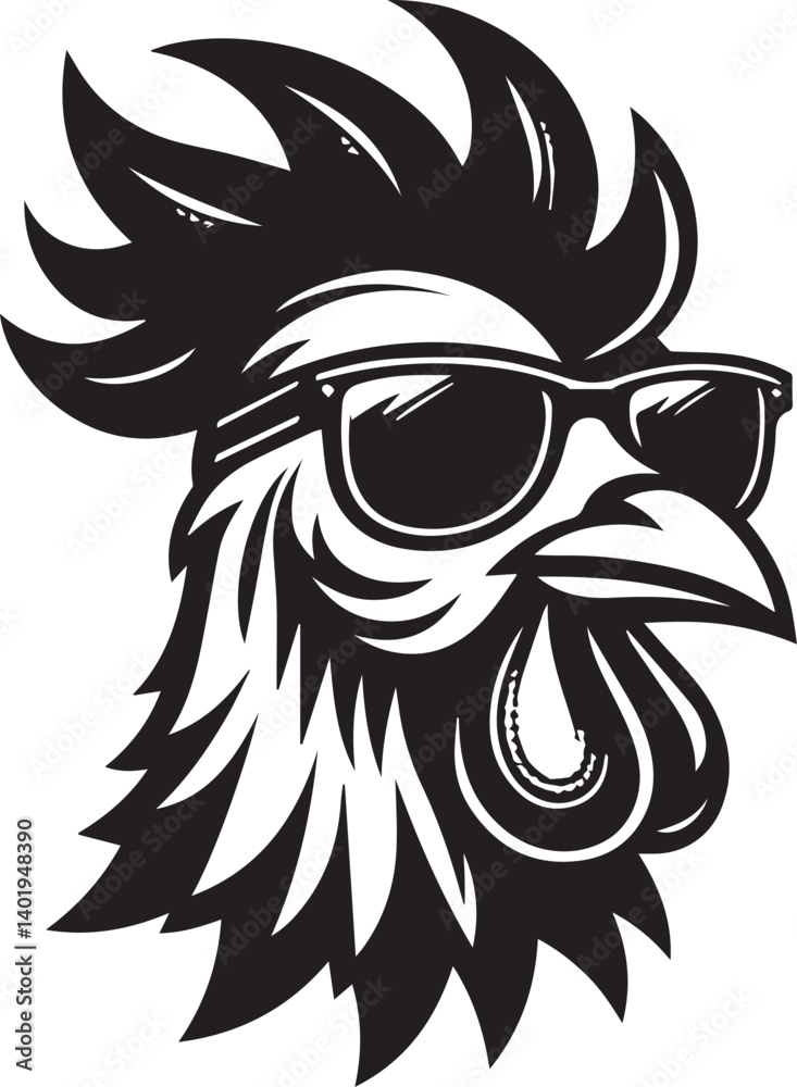 Obraz premium chicken head with sunglasses vector illustration, chicken head silhouette vector, chicken head logo vector black on white background