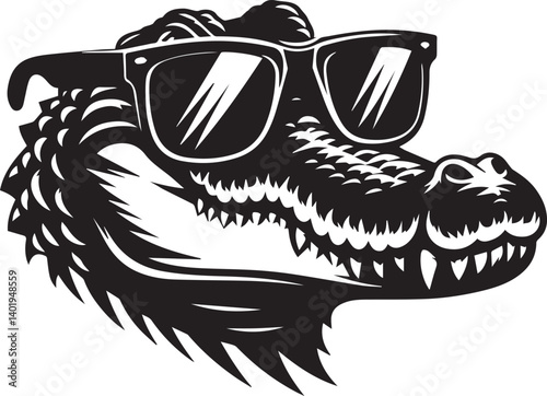 head of crocodile and sunglass illustration, head of crocodile and sunglass head silhouette vector isolated on white background