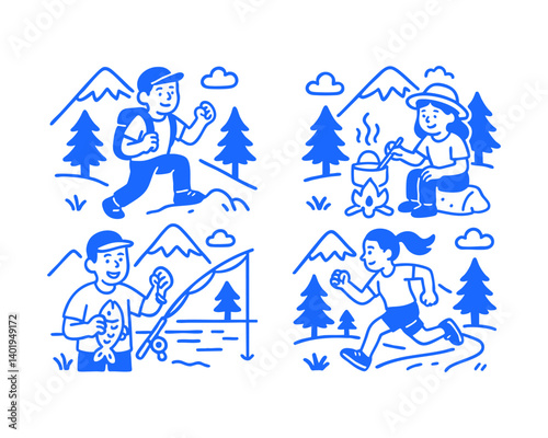 mountain activity doodle cartoon drawing vector illustration set with Varied Poses and Expressions
