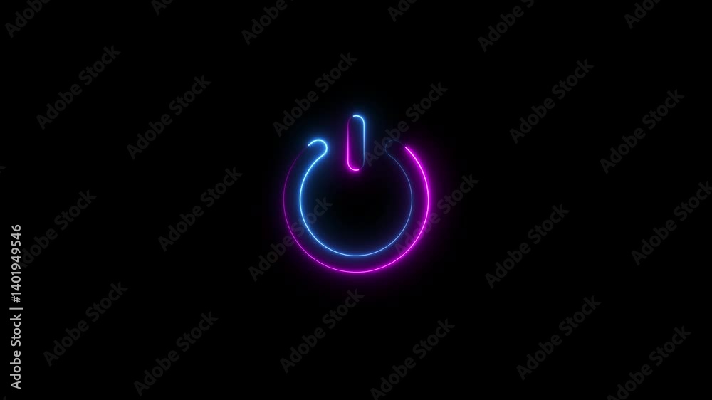 Neon glowing power button icon animated on a black background ,The appearance of neon symbol power off closed circle animated on black background