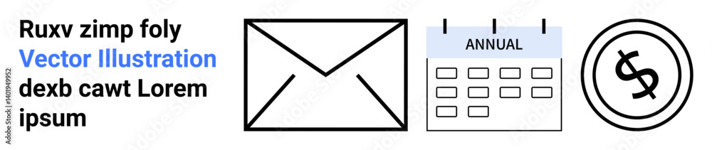 Open envelope, calendar marked Annual, and dollar sign in circular boundary. Ideal for email marketing, event planning, finance, communication, scheduling, productivity concepts abstract line flat Open envelope, calendar marked Annual, and dollar sign in circular boundary. Ideal for email marketing, event planning, finance, communication, scheduling, productivity concepts abstract line flat