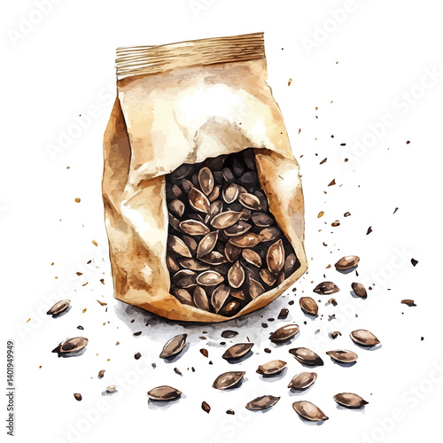watercolor of Seed Packet With Spilled Seeds, vector, isolated on a white background.