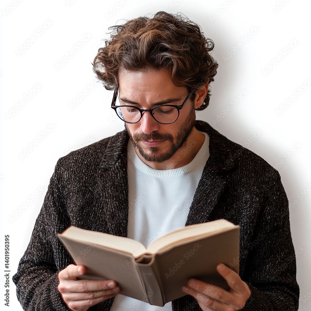 Thoughtful man reading a book while standing isolated on white background with casual outfit and focused expression Thoughtful man reading a book while standing isolated on white background with casual outfit and focused expression