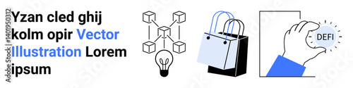 Blockchain network with interconnected cubes, lightbulb for innovation, shopping bags for e-commerce, and hand holding DeFi token. Ideal for fintech, blockchain, innovation, finance, technology