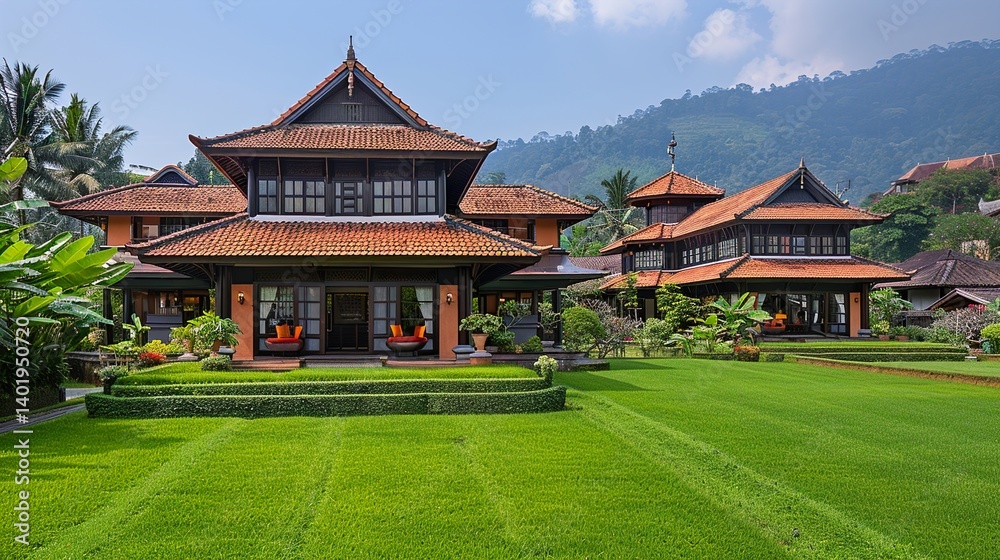 Obraz premium A traditional rice field in rural Asia, with lush greenery surrounding it. HD 8K wallpaper Photographic Image