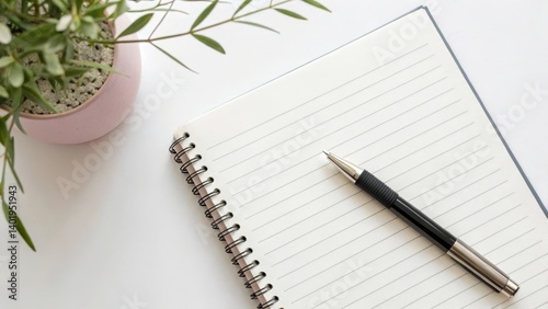 A notebook with blank pages and a pen beside a potted plant.