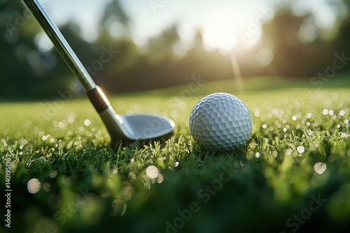 A close-up of a golf club just before striking a golf ball on a grassy course