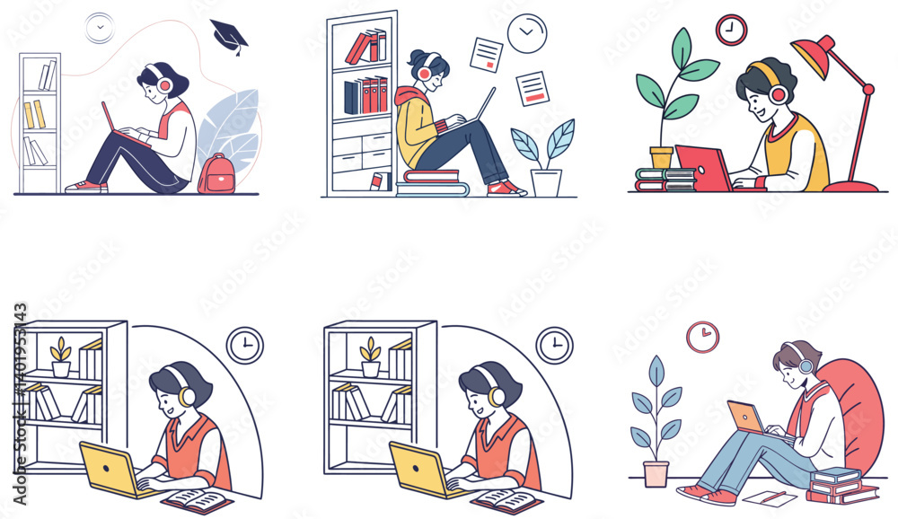 Obraz premium Flat Illustration of Online Classes and Students Engaged in Reading and Learning.