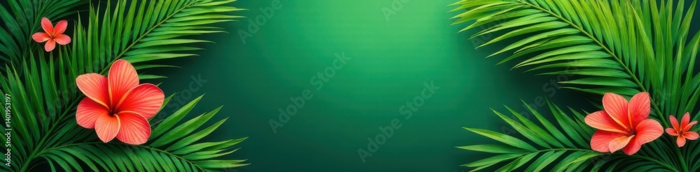 Fototapeta premium Dense palm fronds with bright green hues and vibrant floral patterns, lush, leaves