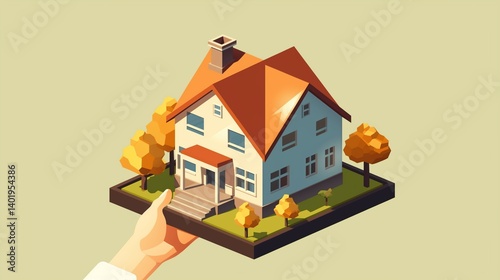 Hand holding Urban cottage exterior simple isometric house vector image
