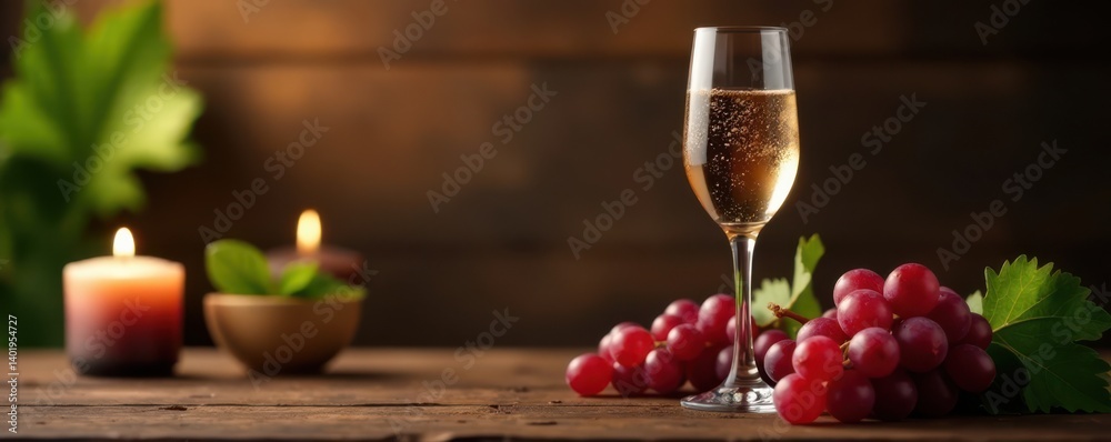 Champagne flute raised on a wooden table with candles and grapes, evening, bubbly