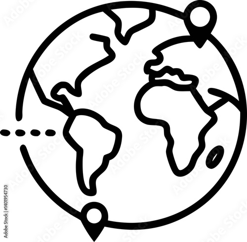 simple black and white line drawing of globe with location markers, symbolizing global connectivity and travel. design is minimalistic and modern, emphasizing worldwide communication