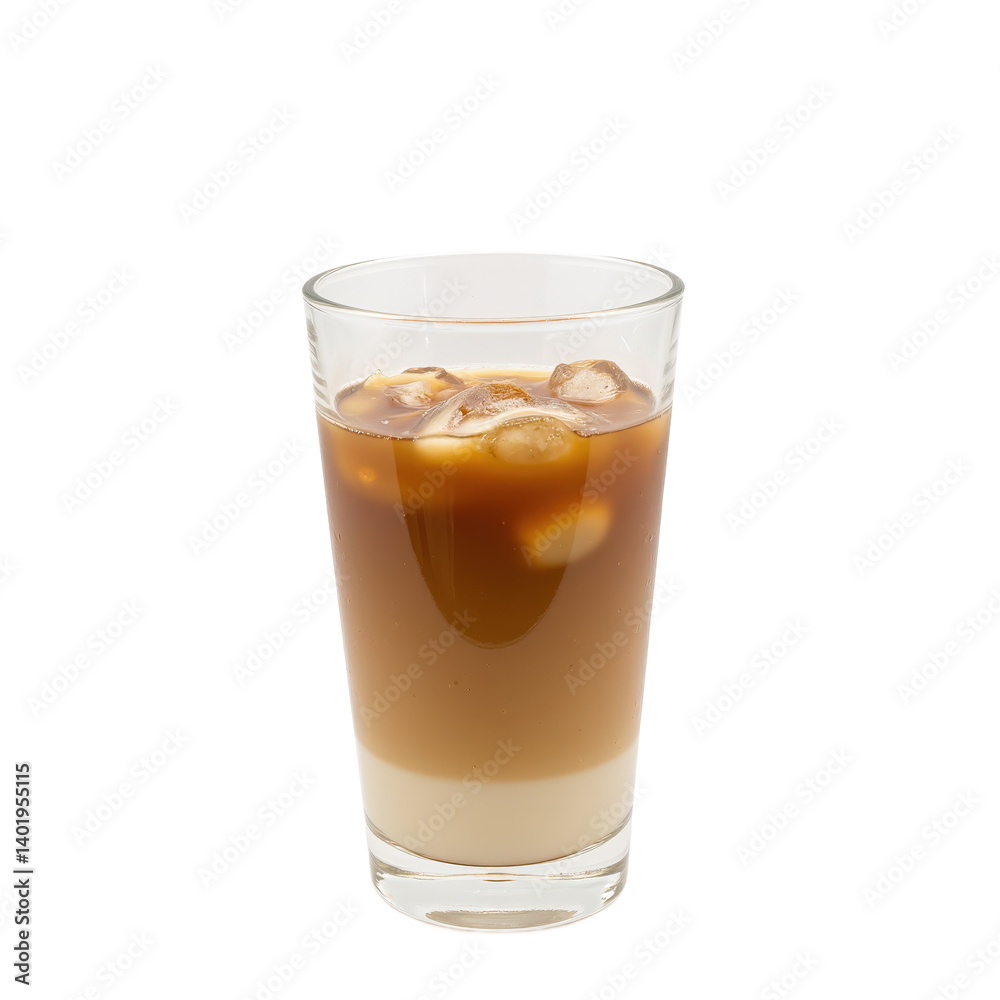 A refreshing iced coffee with layers of milk and coffee, served in a clear glass with ice cubes. A refreshing iced coffee with layers of milk and coffee, served in a clear glass with ice cubes.