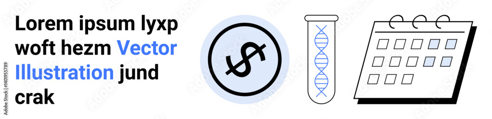 Dollar coin symbolizing finance, DNA helix in a test tube for science research, and a calendar for scheduling. Ideal for business, science, education, research, health, biotechnology simple landing Dollar coin symbolizing finance, DNA helix in a test tube for science research, and a calendar for scheduling. Ideal for business, science, education, research, health, biotechnology simple landing