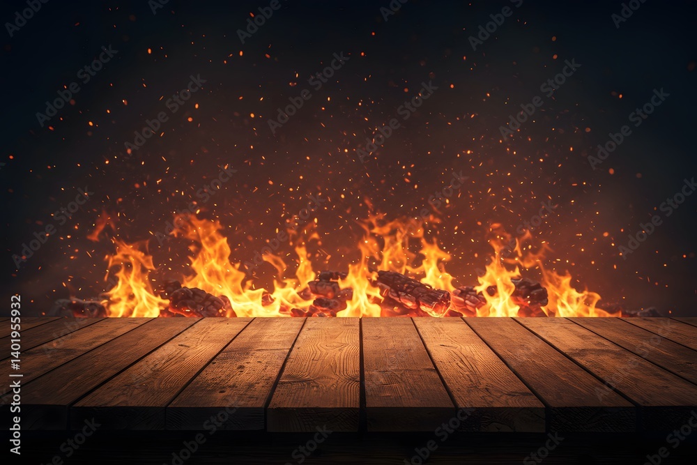 fiery background, glowing embers, sparks flying, Wooden planks stage, Wooden table with Fire burning at the edge of the table for display products. Burnt wooden table amidst flames. dramatic lighting