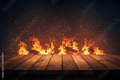 Obraz na płótnie fiery background, glowing embers, sparks flying, Wooden planks stage, Wooden table with Fire burning at the edge of the table for display products. Burnt wooden table amidst flames. dramatic lighting w salonie