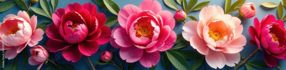 Fototapeta premium Colorful peony flowers arrangement, blossoms, blooms