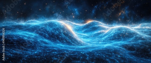 Abstract blue digital wave landscape with glowing particles against dark space background