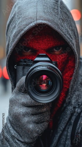 Person in hood, red mask, holding camera. Focus on camera lens and eyes with blurred background