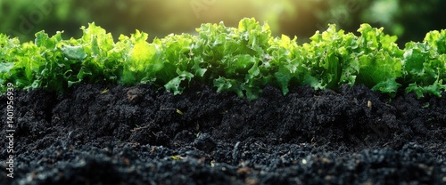 A close-up of fresh green lettuce growing in rich dark soil, bathed in sunlight
