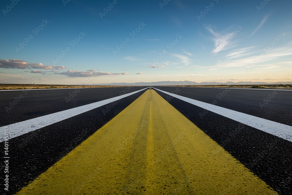 white runway markings, A runway leading towards the blue sky on a sunny day. asphalt texture, blue sky, distant clouds, horizon, Runway perspective, yellow centerline