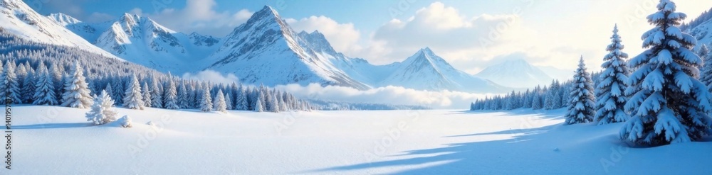 Obraz premium Frozen landscape with snow-covered mountains and trees, frost, serene, winter