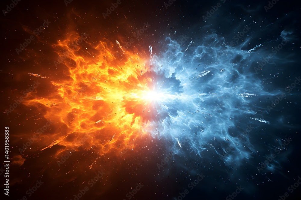 fire and ice collision, vibrant orange flames, swirling blue mist, Hot and Cold illustration. Abstract Fire and Ice element against each other background. Abstract elemental clash, cosmic energy burst