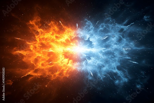 Obraz na płótnie fire and ice collision, vibrant orange flames, swirling blue mist, Hot and Cold illustration. Abstract Fire and Ice element against each other background. Abstract elemental clash, cosmic energy burst w salonie