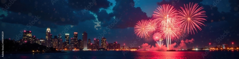 Midnight fireworks exploding in the sky on New Year's Eve , firework, celebration, night Midnight fireworks exploding in the sky on New Year's Eve , firework, celebration, night