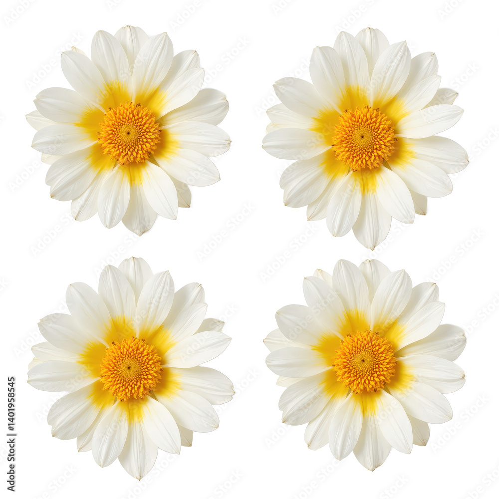 Four white daisies with yellow centers, isolated on a transparent background. Four white daisies with yellow centers, isolated on a transparent background.