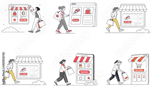 Flat Illustration of People Doing Online Shopping and E-commerce Activities.