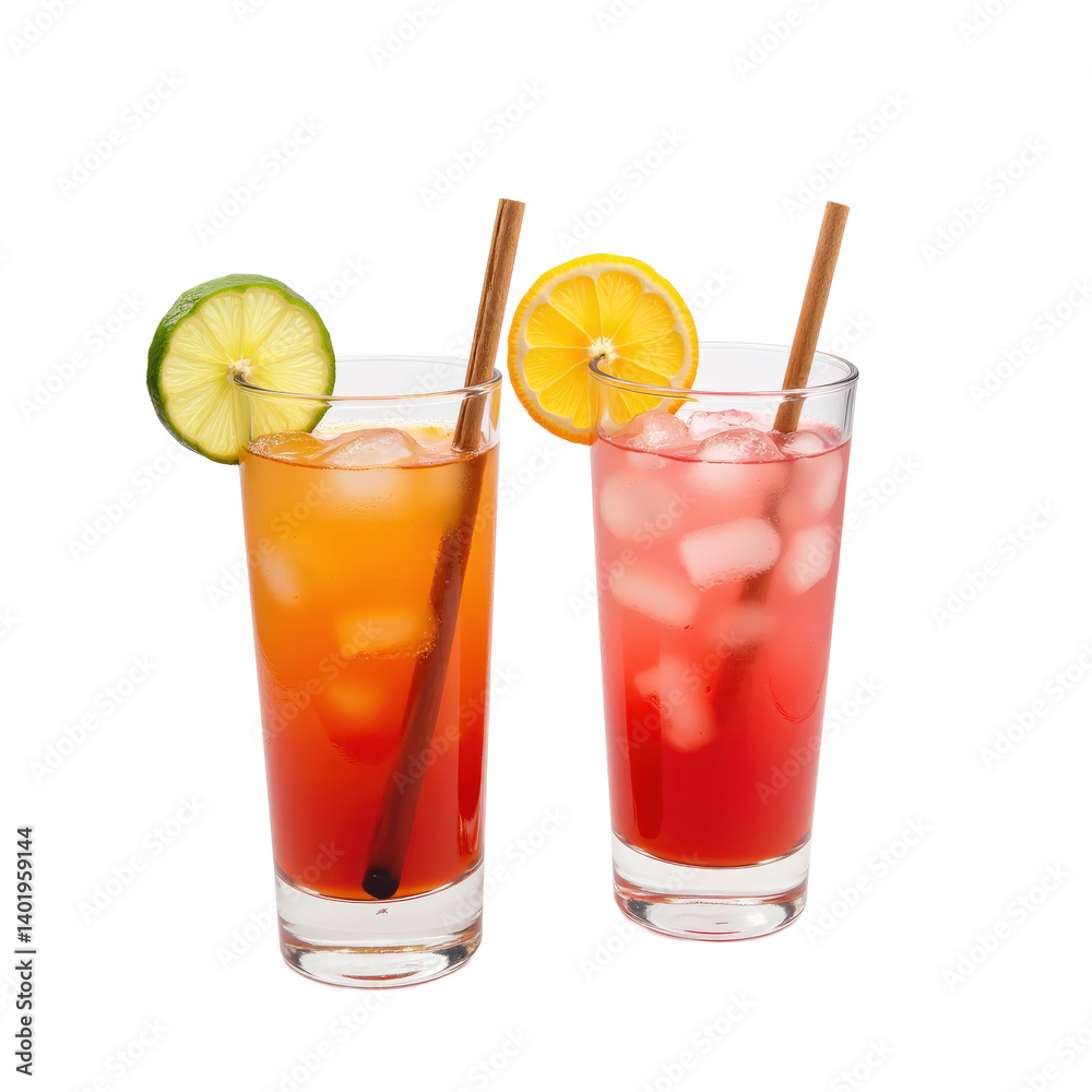 Two refreshing summer drinks with ice, lemon, and lime slices, perfect for a hot day. Two refreshing summer drinks with ice, lemon, and lime slices, perfect for a hot day.