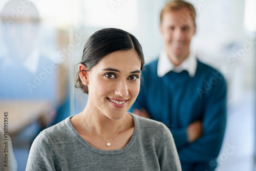 Portrait, woman and smile in office for start up project, consultant and happiness for collaboration in business. Female person, financial advisor and accountant in workplace for new company