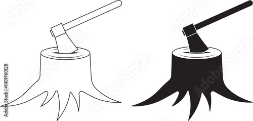 A vector icon showing a tree stump with an axe embedded in it, symbolizing deforestation. The illustration includes two versions: one in black outline and one in solid black silhouette. Suitable for e