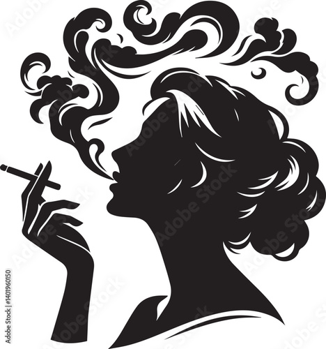 woman smoking head illustration, woman smoking cigarette, shaking head silhouette vector isolated on white background