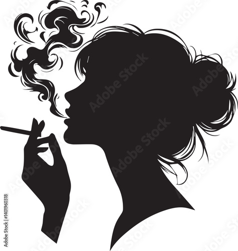 woman smoking head illustration, woman smoking cigarette, shaking head silhouette vector isolated on white background