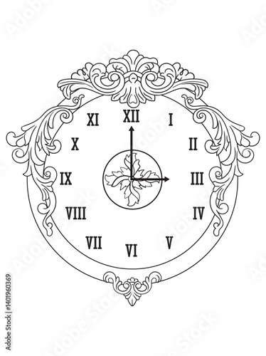 Black and white vintage clock illustration for coloring books. Retro timepiece drawing, ideal for adult coloring pages and printable creative activities.