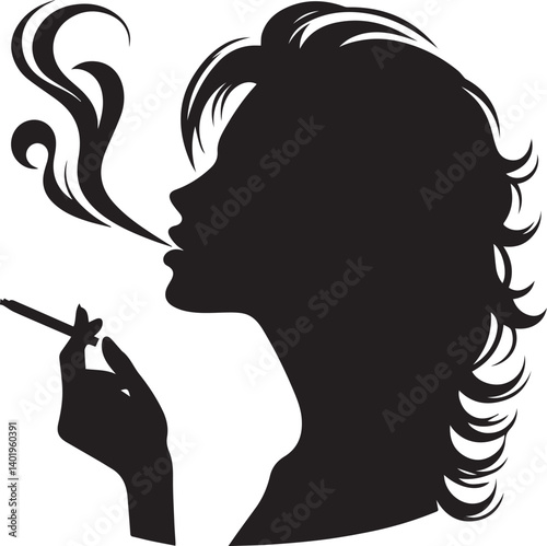 woman smoking head illustration, woman smoking cigarette, shaking head silhouette vector isolated on white background