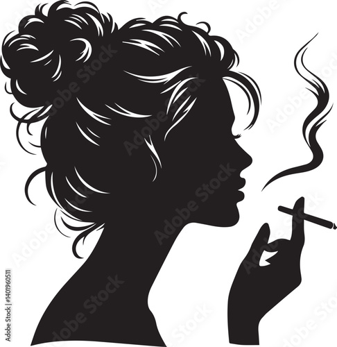 woman smoking head illustration, woman smoking cigarette, shaking head silhouette vector isolated on white background