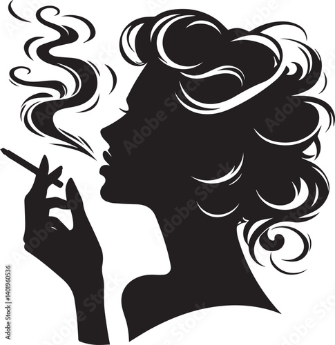 woman smoking head illustration, woman smoking cigarette, shaking head silhouette vector isolated on white background